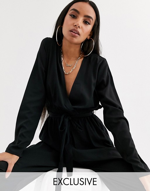 Boohoo Petite exclusive wrap front jumpsuit in black