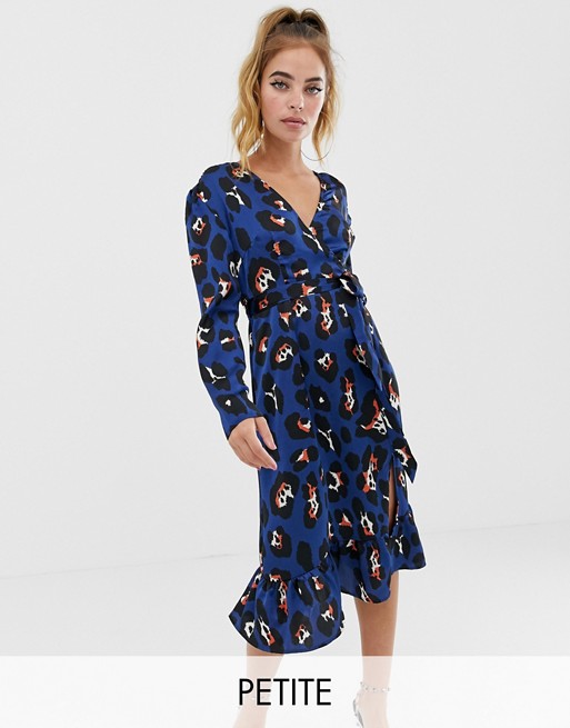 Boohoo Petite exclusive wrap midi dress in blue leopard print