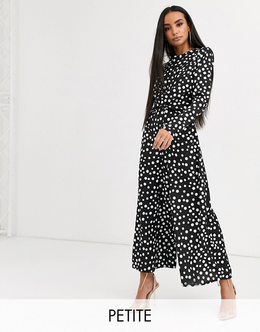 Boohoo Petite jumpsuit with twist front in black polka dot
