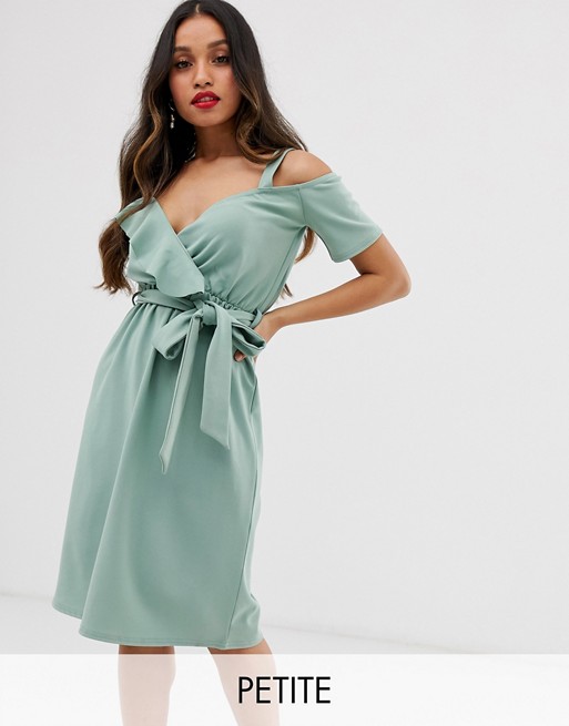 Boohoo Petite midi dress with cold shoulder in sage