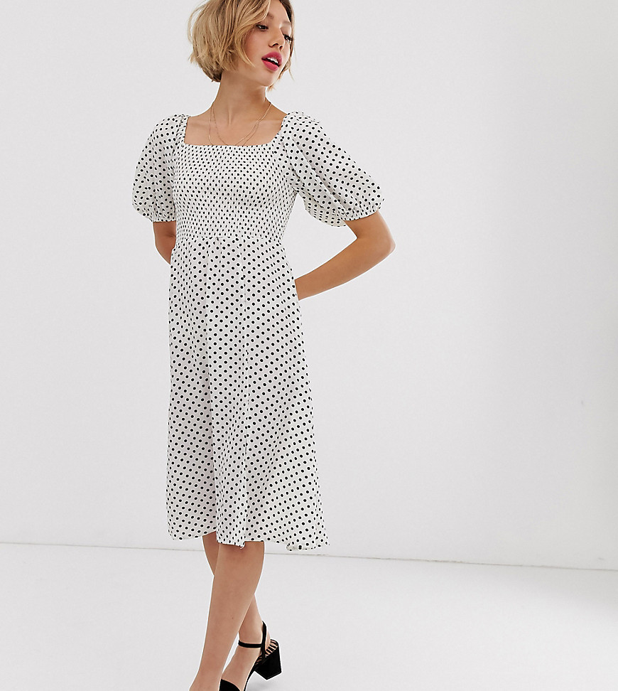 Boohoo Petite midi dress with puff sleeve and shirring in white polka dot-Multi