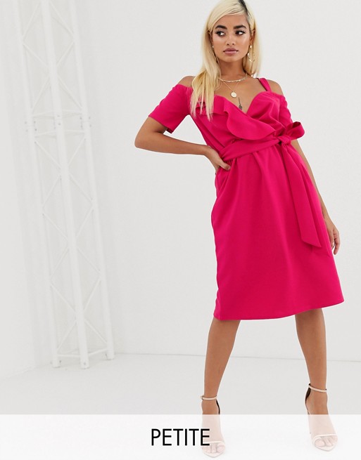 Boohoo Petite midi wrap dress with cold shoulder in pink