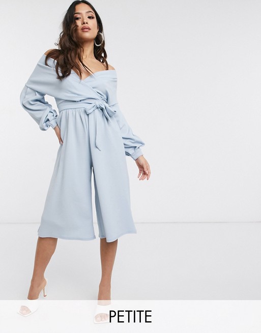 Boohoo Petite off shoulder culotte jumpsuit with belted waist in blue