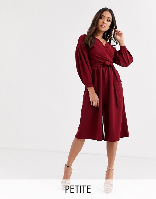 Boohoo Petite off shoulder culotte jumpsuit with belted waist in burgundy