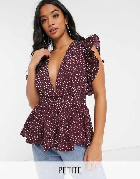 Boohoo Petite peplum blouse with flutter sleeves in burgundy spot