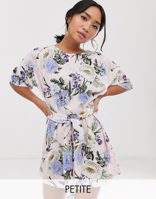 Boohoo Petite shift dress with tie waist in pink floral