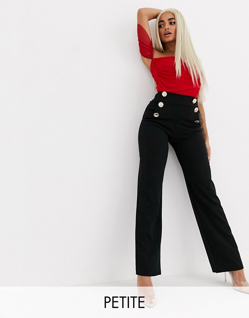 Boohoo Petite wide leg trousers with button detail in black