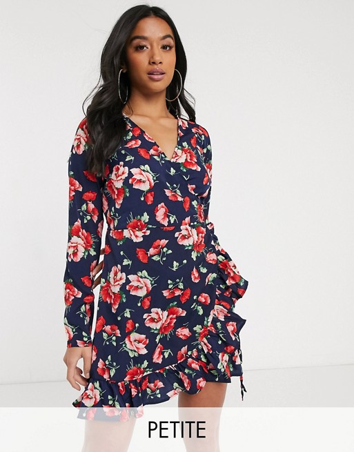 Boohoo Petite wrap front mini dress in navy floral