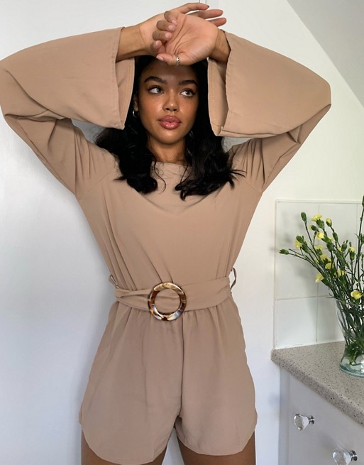 Boohoo playsuit with belted waist and flared sleeve in beige