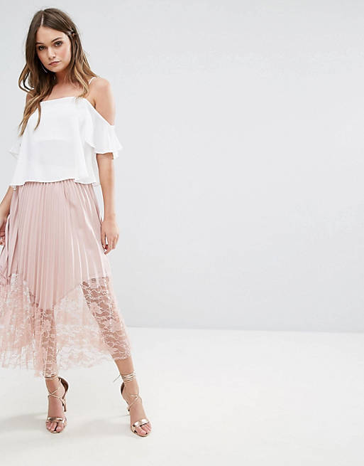 Boohoo Pleated Lace Trim Midi Skirt