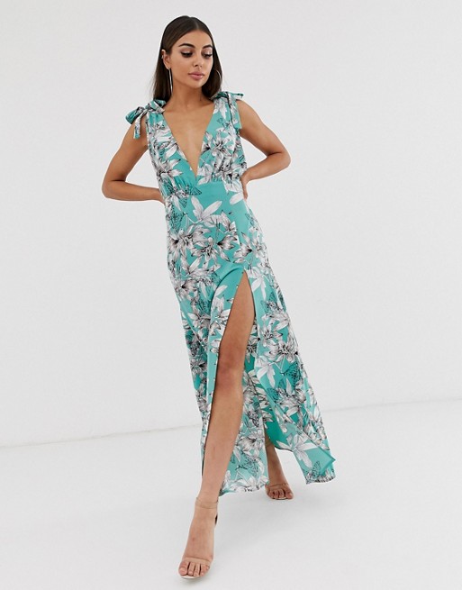 Boohoo plunge maxi dress in green floral