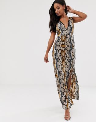 boohoo plunge asos maxi snake split side dress