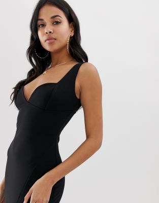 boohoo plunge midi dress with sweetheart neckline and side split in black