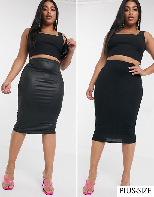Boohoo Plus basic 2 pack bodycon skirts in black jersey and leather look