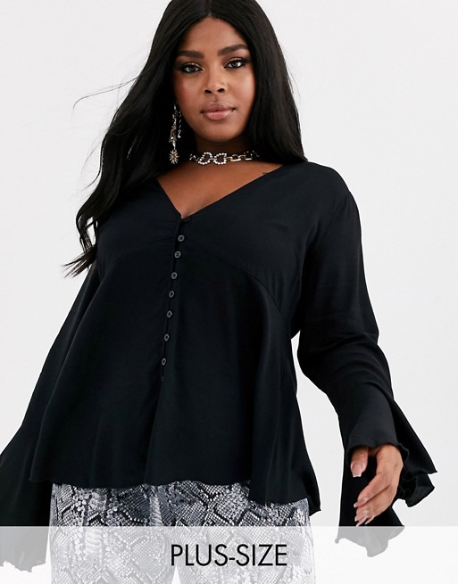 Boohoo Plus button through blouse with flare sleeve in black