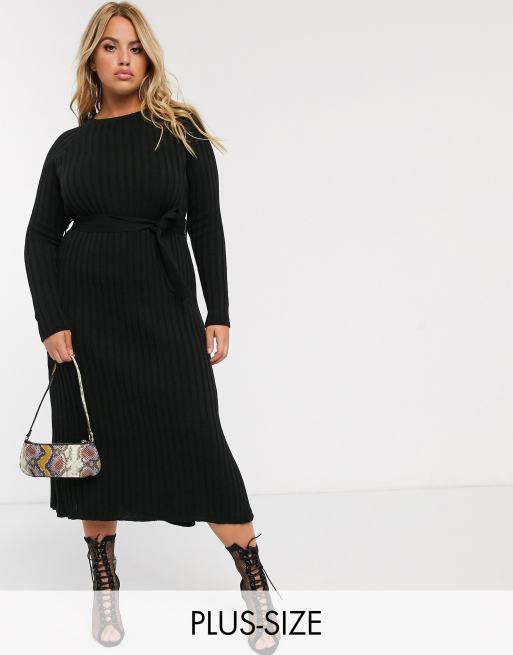 Boohoo Plus – Czarna dzianinowa sukienka midi z okrągłym dekoltem i paskiem, wyłącznie w ofercie ASOS