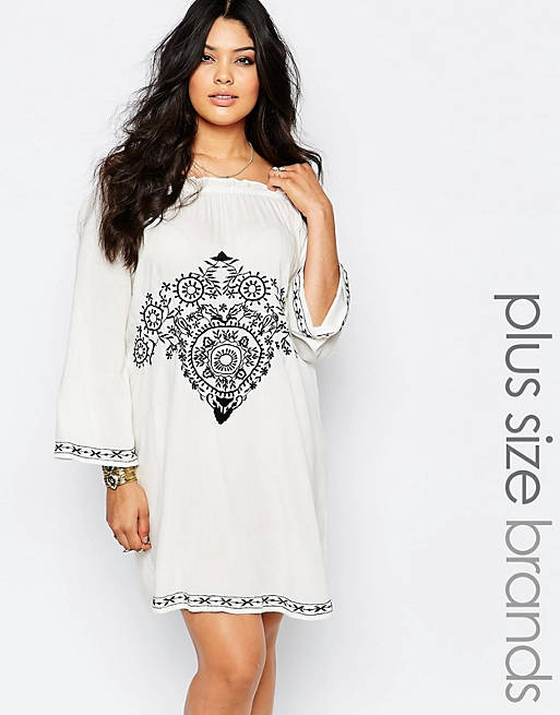 Boohoo Plus Embroidered Off The Shoulder Dress