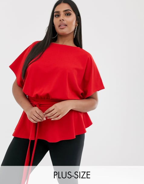 Boohoo Plus exclusive angel sleeve blouse with peplum hem in red