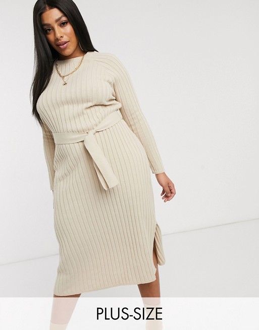 Boohoo Plus exclusive midi jumper dress with belted waist in beige