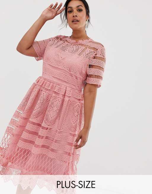 Boohoo Plus exclusive crochet lace midi dress in blush ASOS