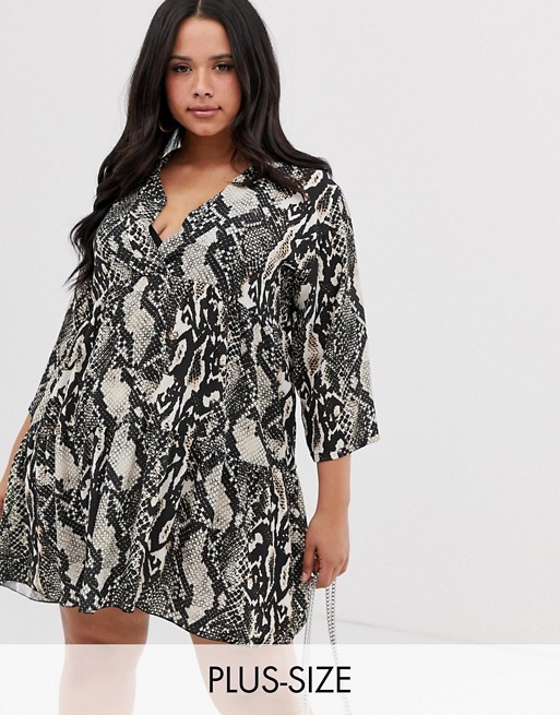 Boohoo Plus exclusive smock dress with tiered skirt in snake print
