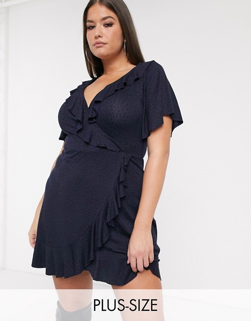 Boohoo Plus exclusive wrap front mini dress with ruffle trim in navy blue dalmatian print