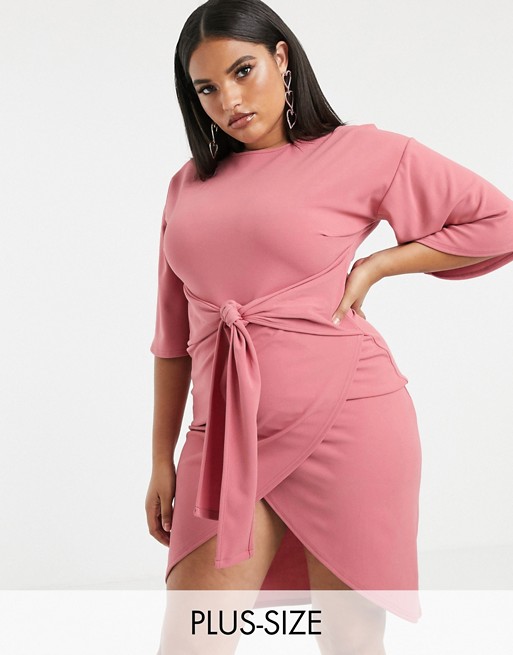 Boohoo Plus exclusive wrap midi dress with kimono sleeve and belted waist in pink