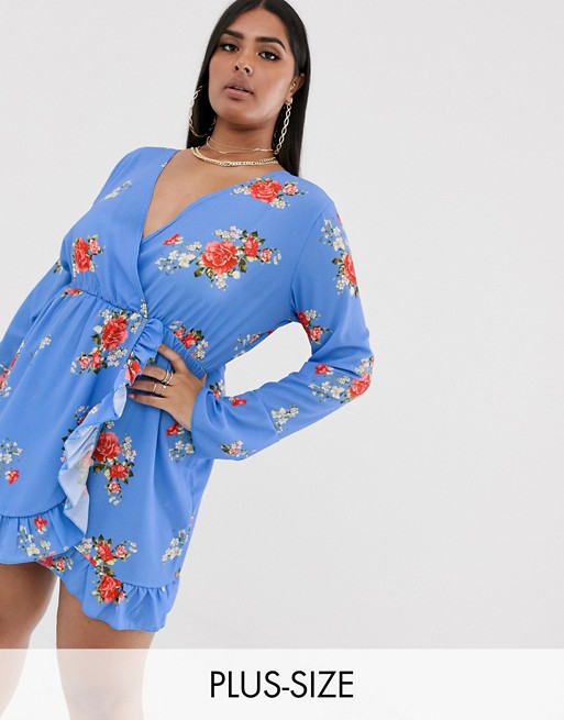 Boohoo Plus mini dress with ruffle trim wrap in blue floral