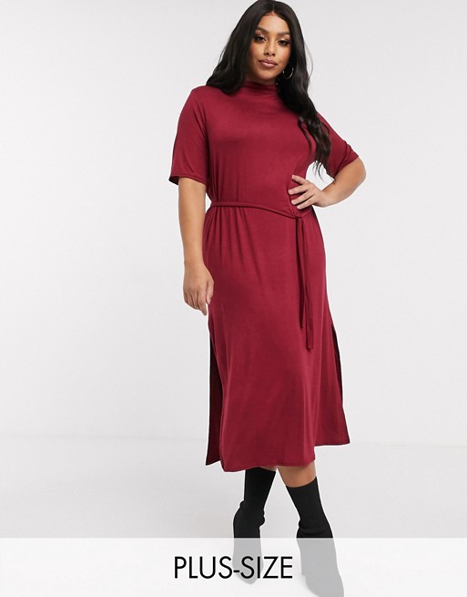 Boohoo Plus high neck midi dress with belted waist in burgundy