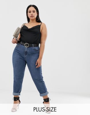 Boohoo Plus high waisted mom jeans in mid wash blue