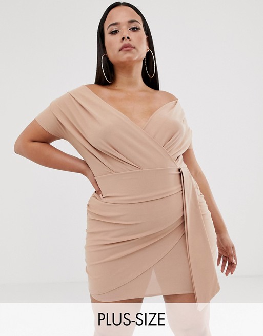 Boohoo Plus off shoulder mini dress with wrap detail in nude