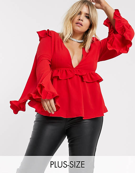 Boohoo Plus plunge blouse with frill details in red