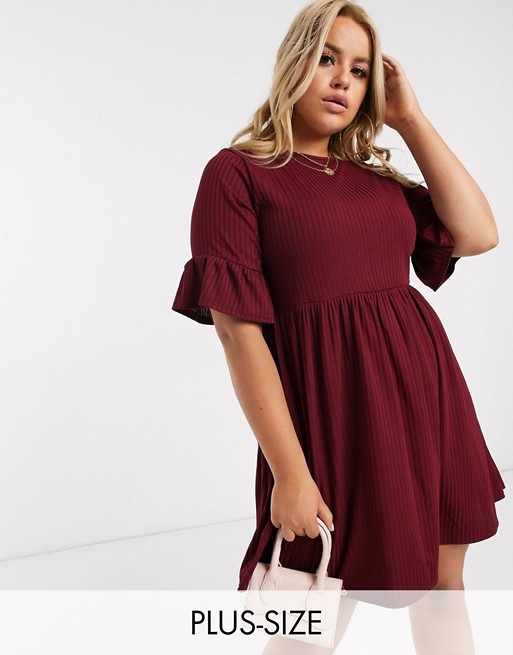 Boohoo Plus ribbed smock dress with frill sleeves in burgundy