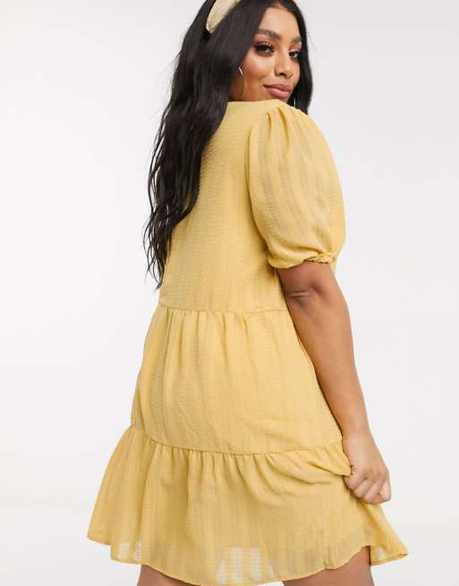 Boohoo Plus seersucker tiered smock dress in yellow ASOS