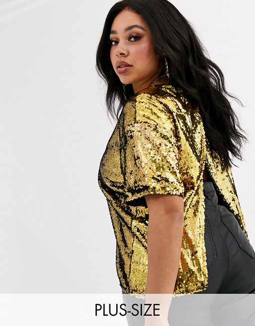 Boohoo Plus sequin t-shirt with open back in gold