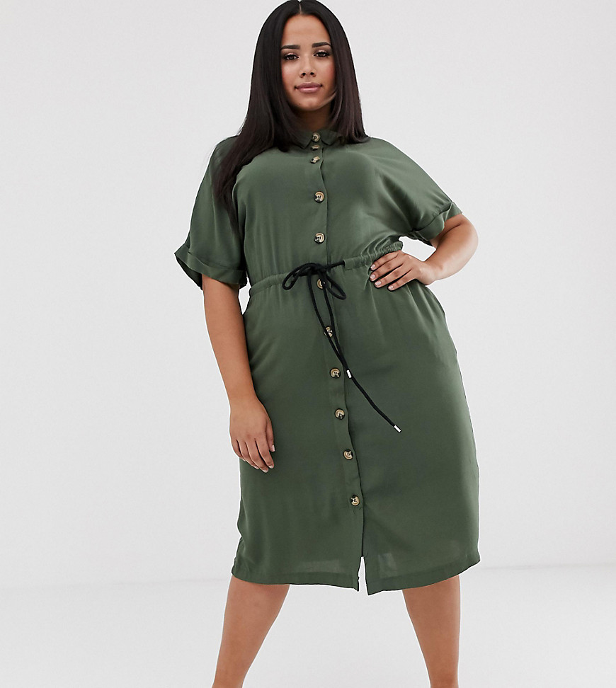 Boohoo Plus shirt dress with draw string waist in khaki-Green