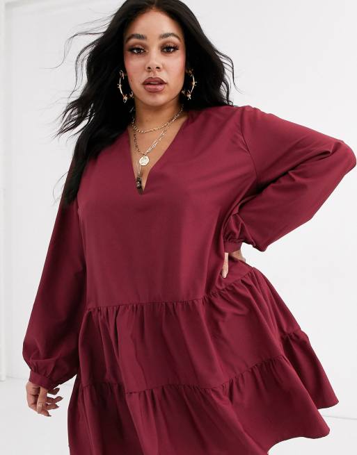 Boohoo Plus tiered smock dress in burgundy ASOS