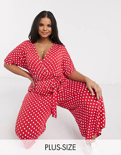 Boohoo Plus wrap front jumpsuit in red polka dot