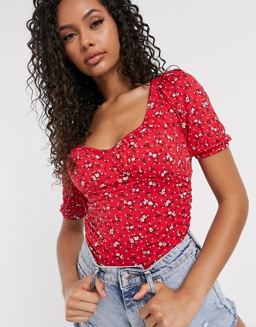 Boohoo puff sleeve ruched bodysuit in red ditsy floral