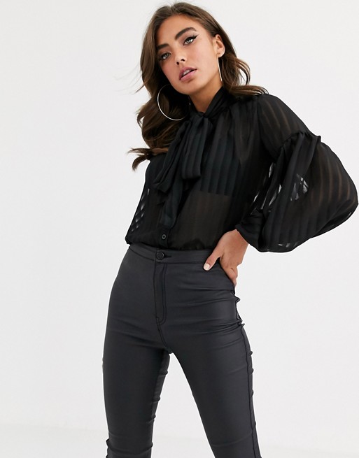 Boohoo pussybow blouse with balloon sleeve in black stripe