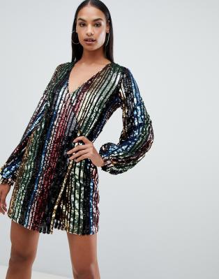 rainbow sequin blouson sleeve wrap dress