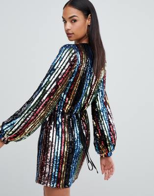 rainbow sequin blouson sleeve wrap dress