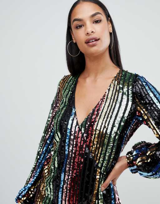 Boohoo rainbow sequin wrap mini dress in multi