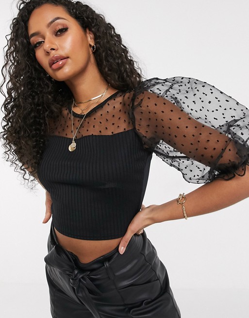 Boohoo ribbed crop top with dobby mesh puff sleeves in black