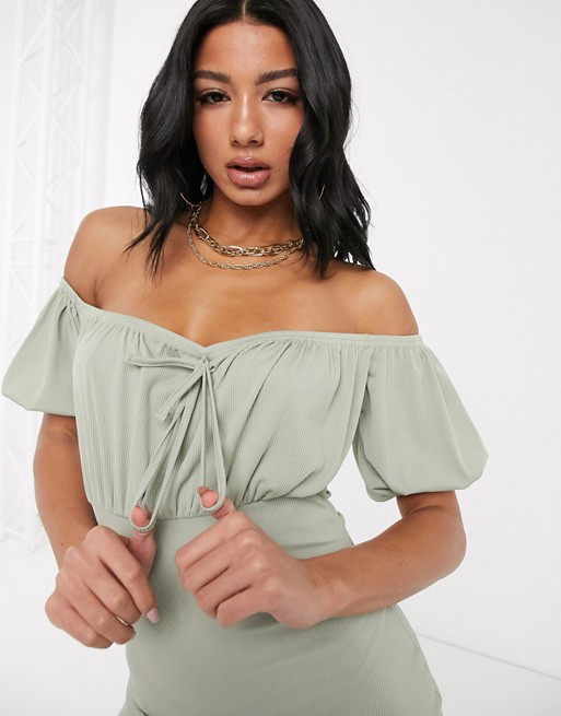 Boohoo ribbed dress with tie detail and puff sleeves in sage green