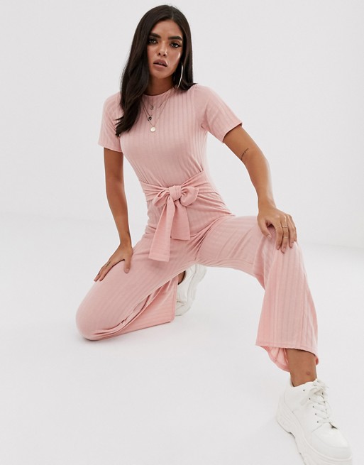 Boohoo ribbed jumpsuit with tie waist in pink