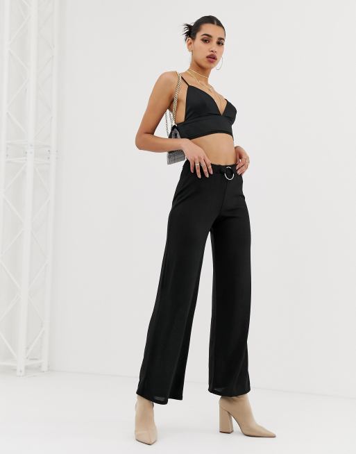 Boohoo Ring Detail Wide Leg Trousers In Black Asos