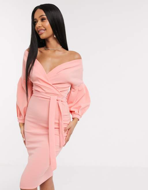 Boohoo - Robe moulante mi-longue à manches bouffantes et épaules dénudées - Rose, 4 de 4