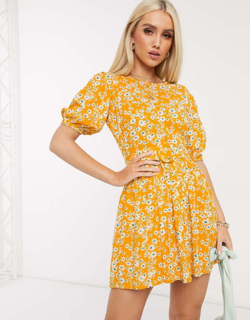 Boohoo Robe patineuse fleurs avec manches bouffantes Jaune