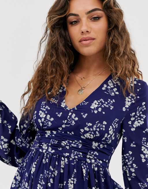 Boohoo Robe patineuse col V Bleu fleuri ASOS